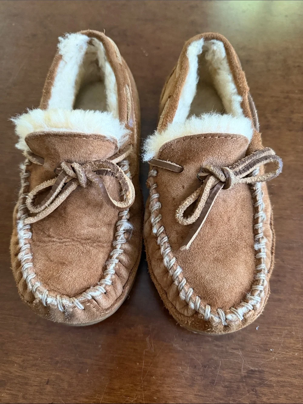 L.L. Bean Kids Brown Moccasin Slippers with Cream Lining